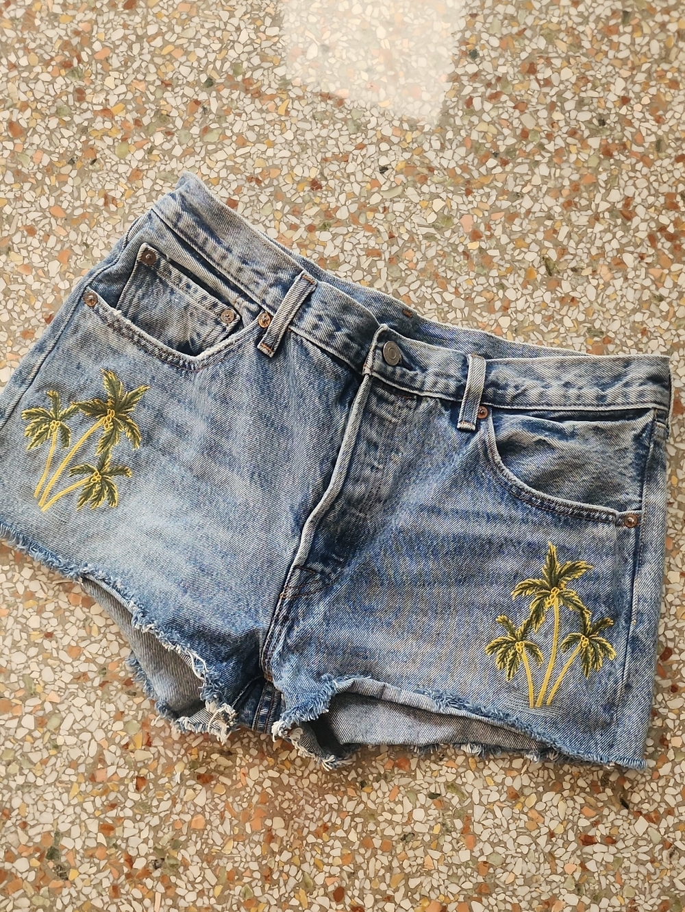Levi's Blue Denim Cutoff Shorts with Yellow Palm Embroidery